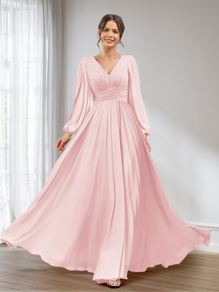 A-Line/Princess V-Neck Long Sleeves Chiffon Long Bridesmaid Dresses With Pockets Light Pink