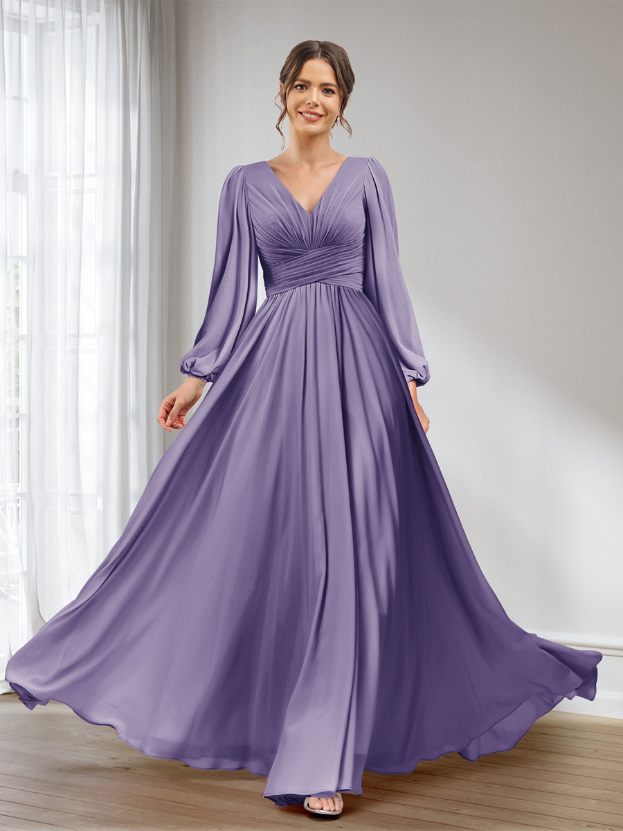 A-Line/Princess V-Neck Long Sleeves Chiffon Long Bridesmaid Dresses With Pockets Light Purple