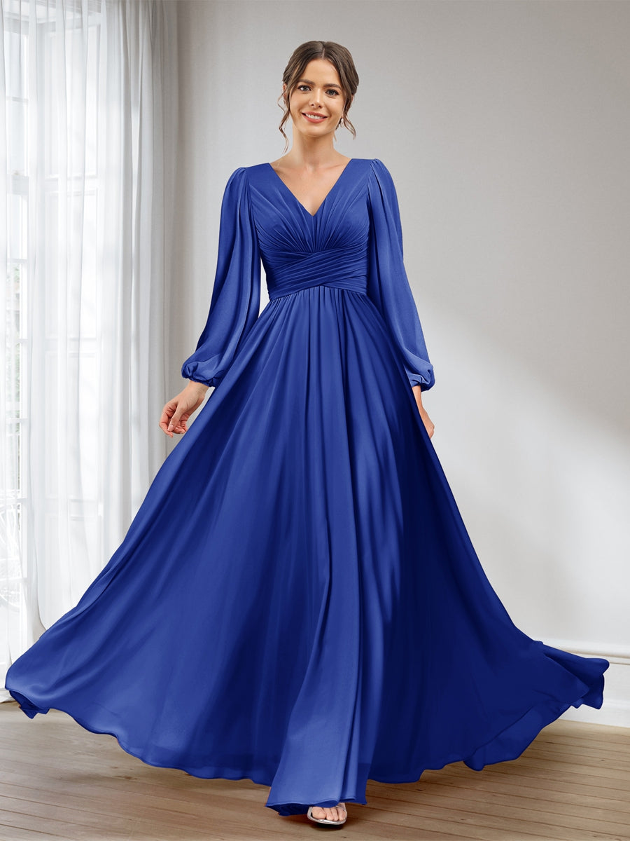 A-Line/Princess V-Neck Long Sleeves Chiffon Long Bridesmaid Dresses With Pockets Light Royal Blue