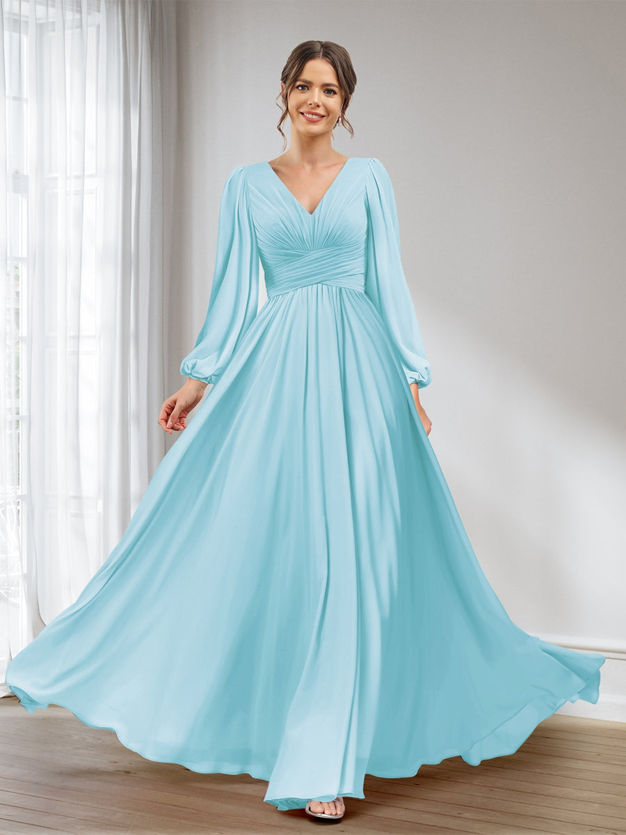 A-Line/Princess V-Neck Long Sleeves Chiffon Long Bridesmaid Dresses With Pockets Light Sky Blue