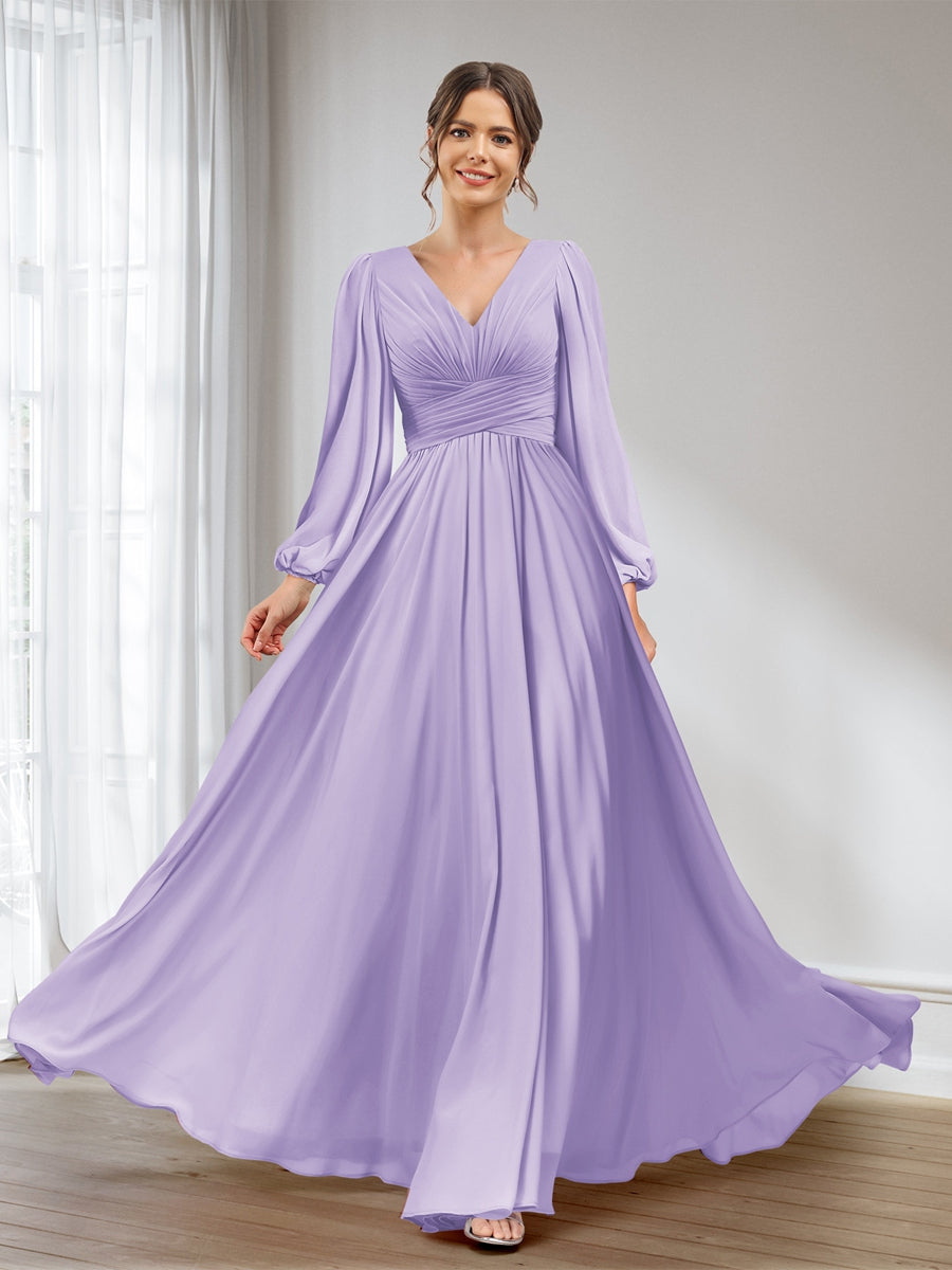 A-Line/Princess V-Neck Long Sleeves Chiffon Long Bridesmaid Dresses With Pockets Lilac