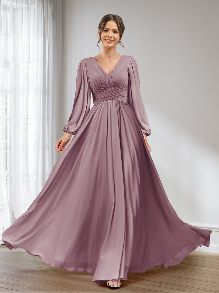A-Line/Princess V-Neck Long Sleeves Chiffon Long Bridesmaid Dresses With Pockets Mauve