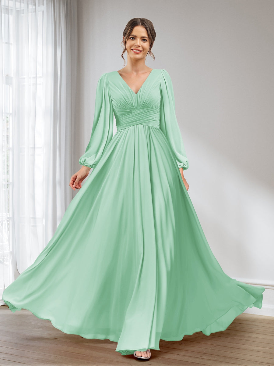A-Line/Princess V-Neck Long Sleeves Chiffon Long Bridesmaid Dresses With Pockets Mint Green