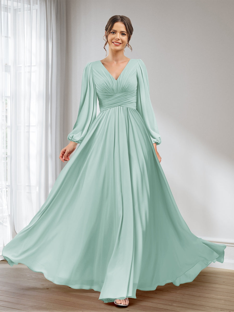 A-Line/Princess V-Neck Long Sleeves Chiffon Long Bridesmaid Dresses With Pockets Mist Blue