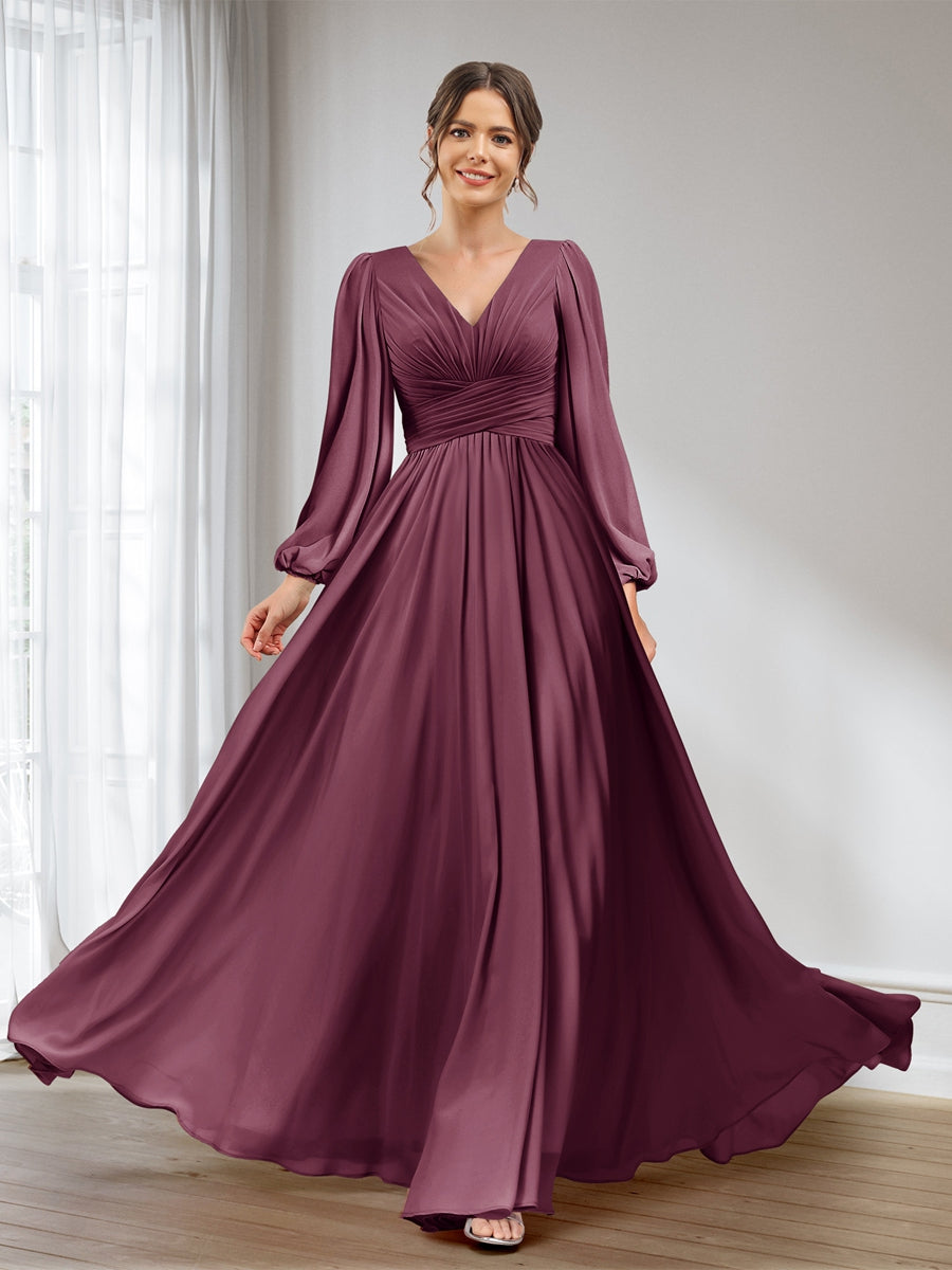 A-Line/Princess V-Neck Long Sleeves Chiffon Long Bridesmaid Dresses With Pockets Mulberry