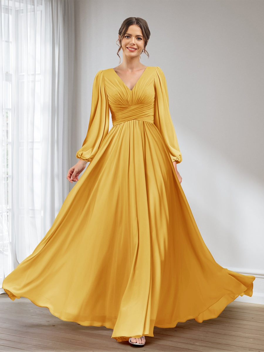 A-Line/Princess V-Neck Long Sleeves Chiffon Long Bridesmaid Dresses With Pockets Mustard Yellow