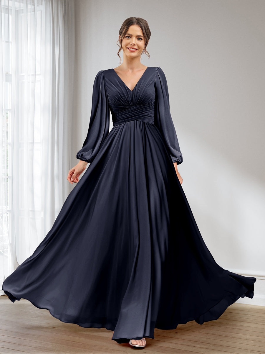 A-Line/Princess V-Neck Long Sleeves Chiffon Long Bridesmaid Dresses With Pockets Navy Blue