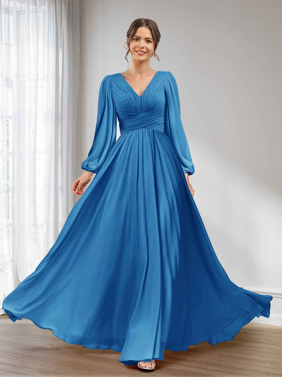 A-Line/Princess V-Neck Long Sleeves Chiffon Long Bridesmaid Dresses With Pockets Ocean Blue
