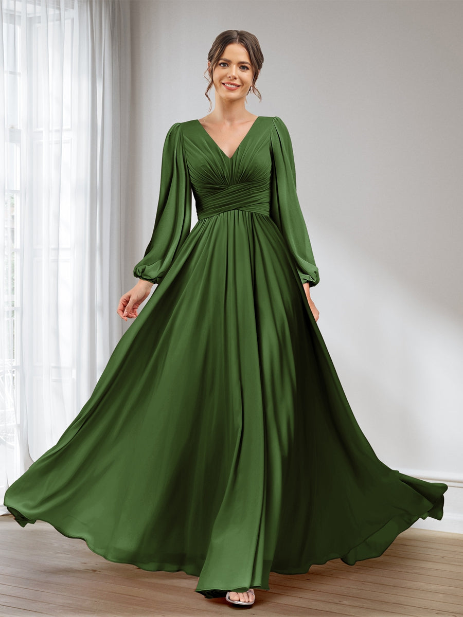 A-Line/Princess V-Neck Long Sleeves Chiffon Long Bridesmaid Dresses With Pockets Olive Green