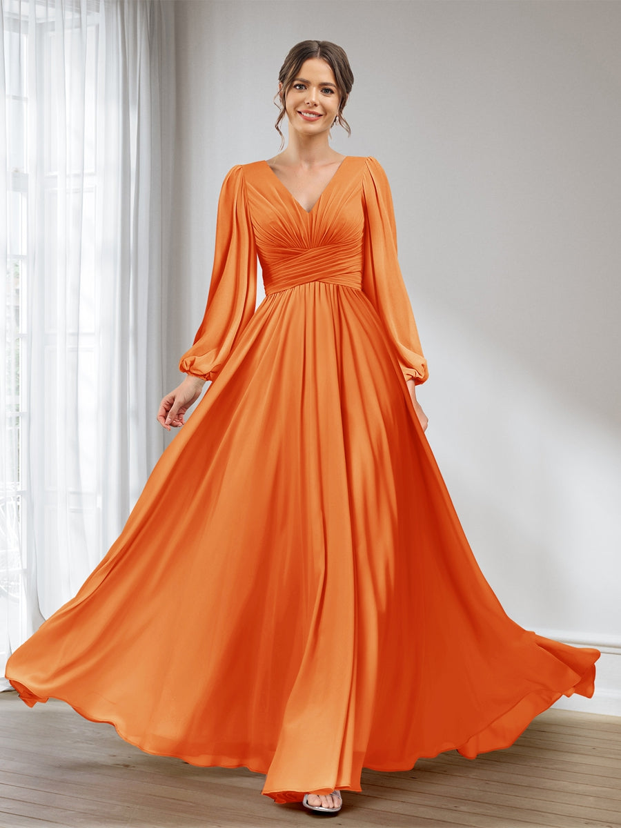 A-Line/Princess V-Neck Long Sleeves Chiffon Long Bridesmaid Dresses With Pockets Orange
