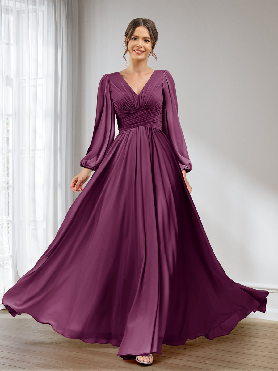 A-Line/Princess V-Neck Long Sleeves Chiffon Long Bridesmaid Dresses With Pockets Orchid