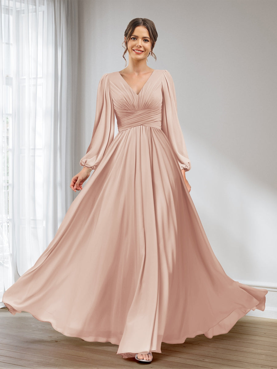 A-Line/Princess V-Neck Long Sleeves Chiffon Long Bridesmaid Dresses With Pockets Peach Pink