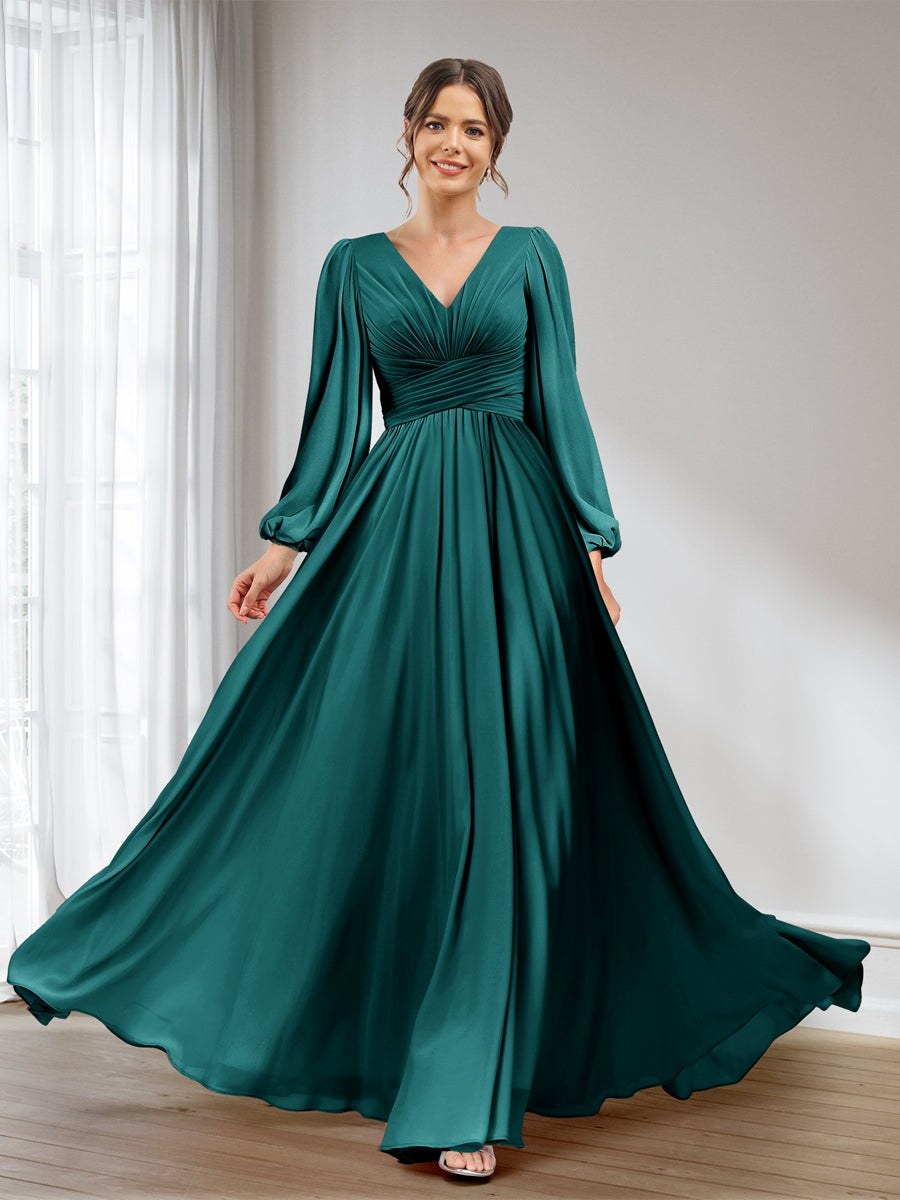 A-Line/Princess V-Neck Long Sleeves Chiffon Long Bridesmaid Dresses With Pockets Peacock