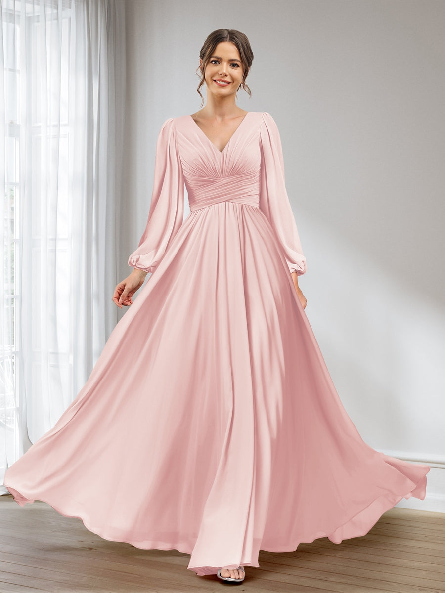 A-Line/Princess V-Neck Long Sleeves Chiffon Long Bridesmaid Dresses With Pockets Pearl Pink