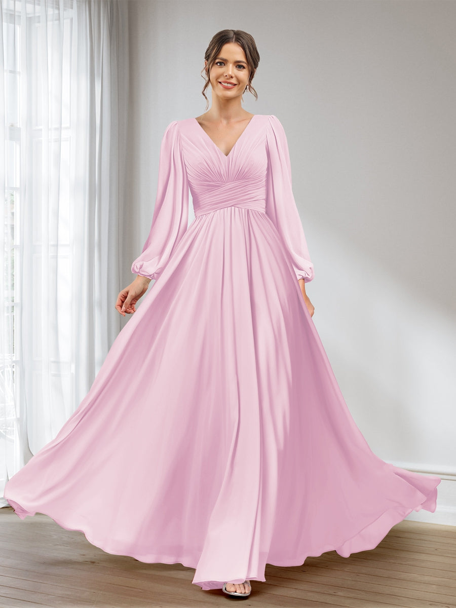 A-Line/Princess V-Neck Long Sleeves Chiffon Long Bridesmaid Dresses With Pockets Pink