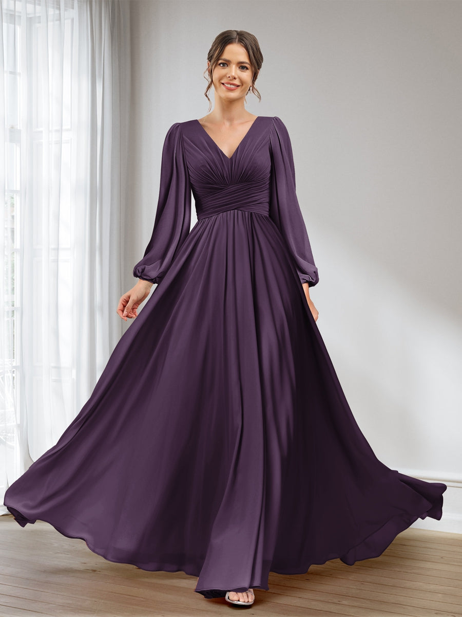 A-Line/Princess V-Neck Long Sleeves Chiffon Long Bridesmaid Dresses With Pockets Plum