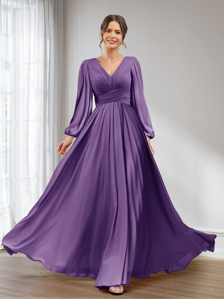 A-Line/Princess V-Neck Long Sleeves Chiffon Long Bridesmaid Dresses With Pockets Purple