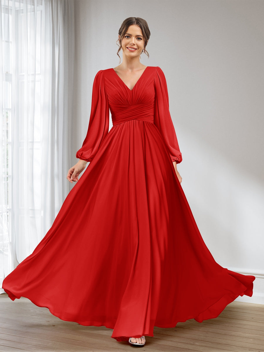 A-Line/Princess V-Neck Long Sleeves Chiffon Long Bridesmaid Dresses With Pockets Red