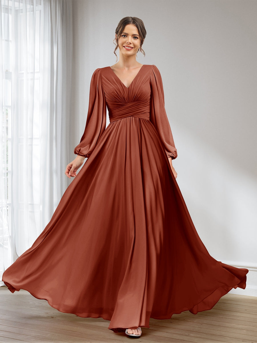 A-Line/Princess V-Neck Long Sleeves Chiffon Long Bridesmaid Dresses With Pockets Rust