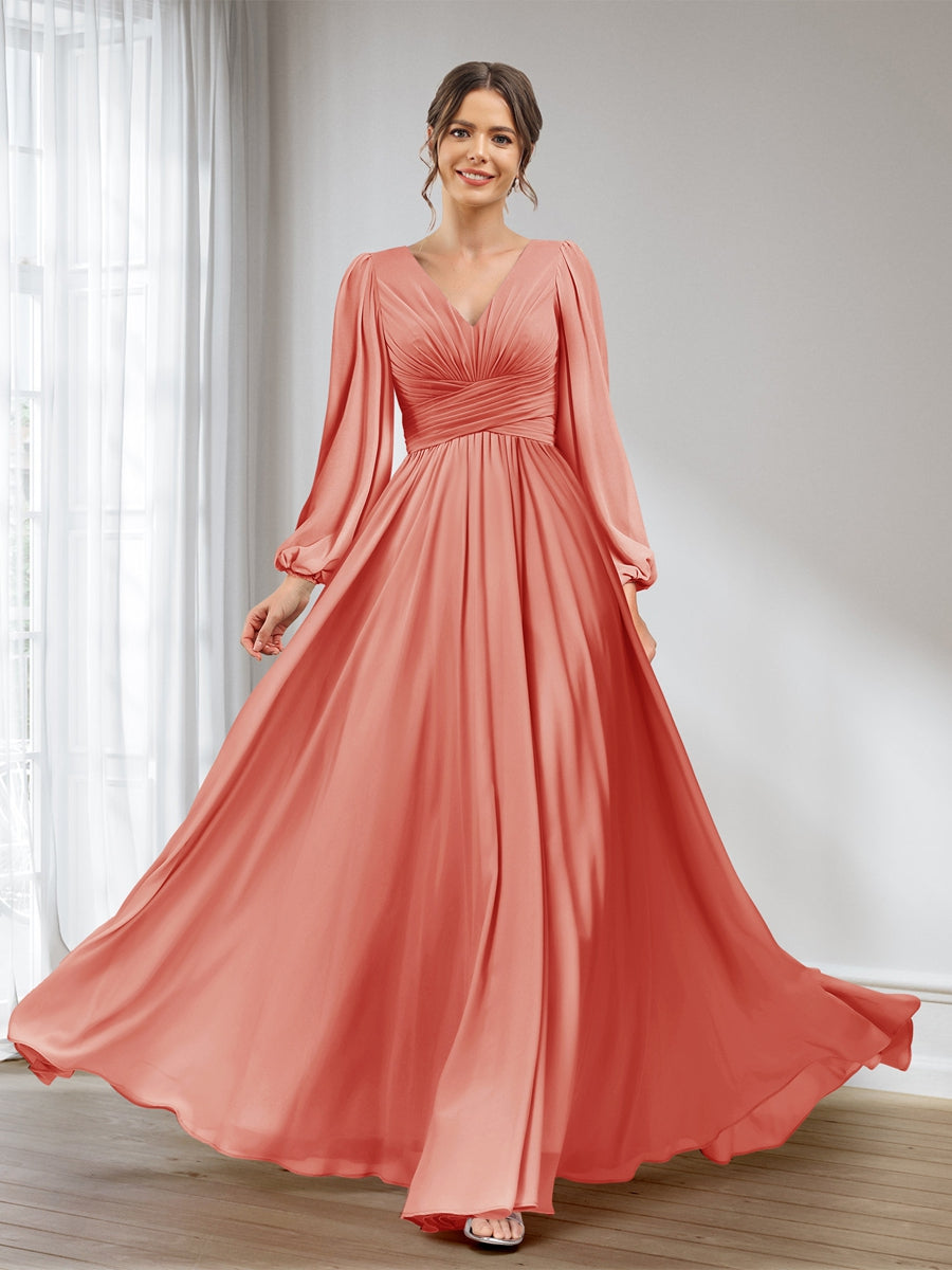 A-Line/Princess V-Neck Long Sleeves Chiffon Long Bridesmaid Dresses With Pockets Salmon