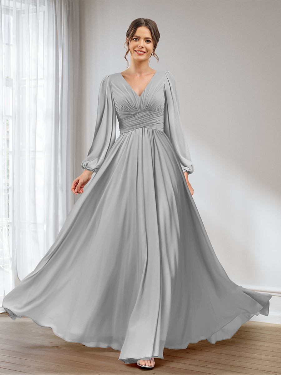 A-Line/Princess V-Neck Long Sleeves Chiffon Long Bridesmaid Dresses With Pockets Silver