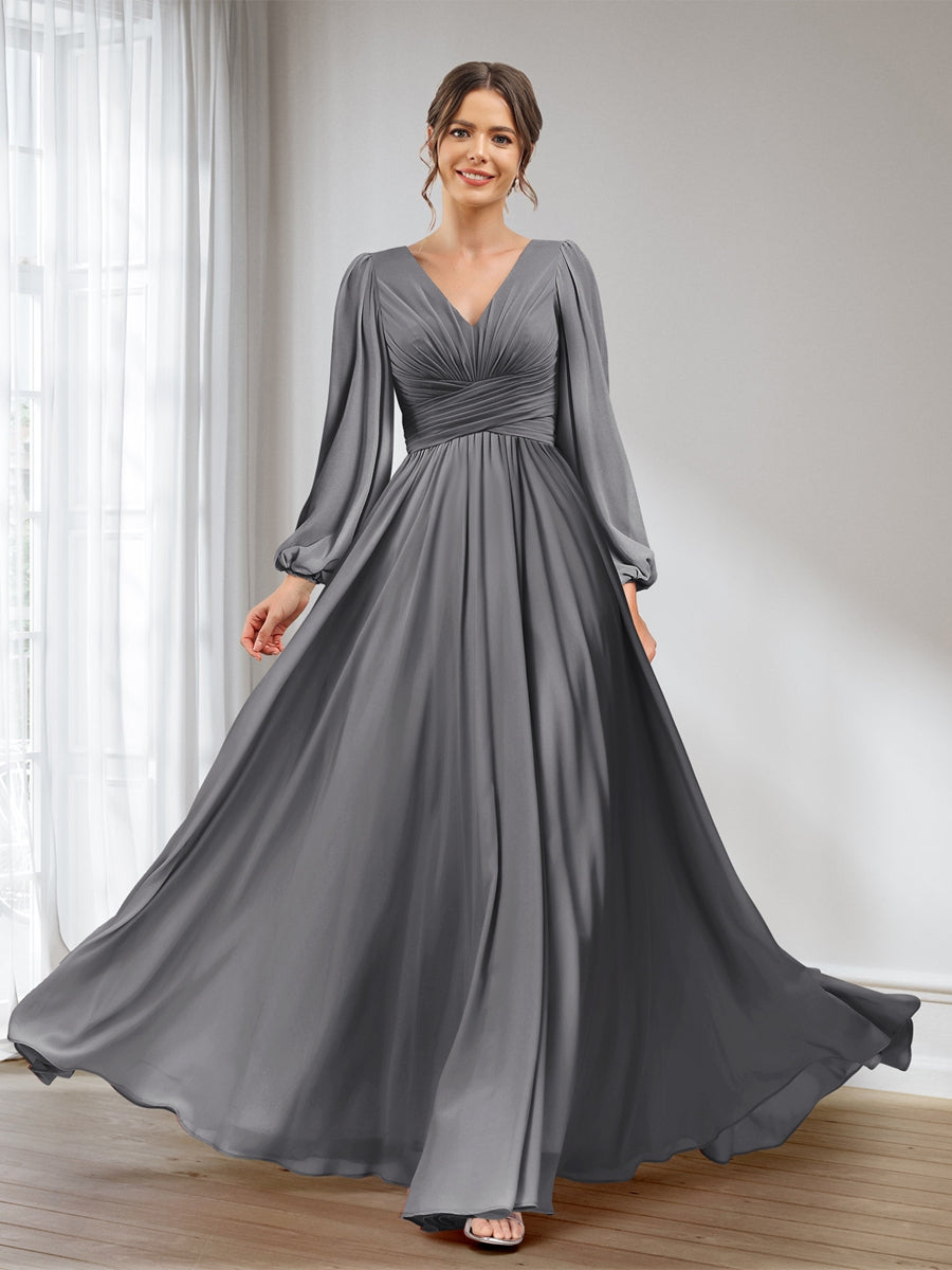 A-Line/Princess V-Neck Long Sleeves Chiffon Long Bridesmaid Dresses With Pockets Silver Gray