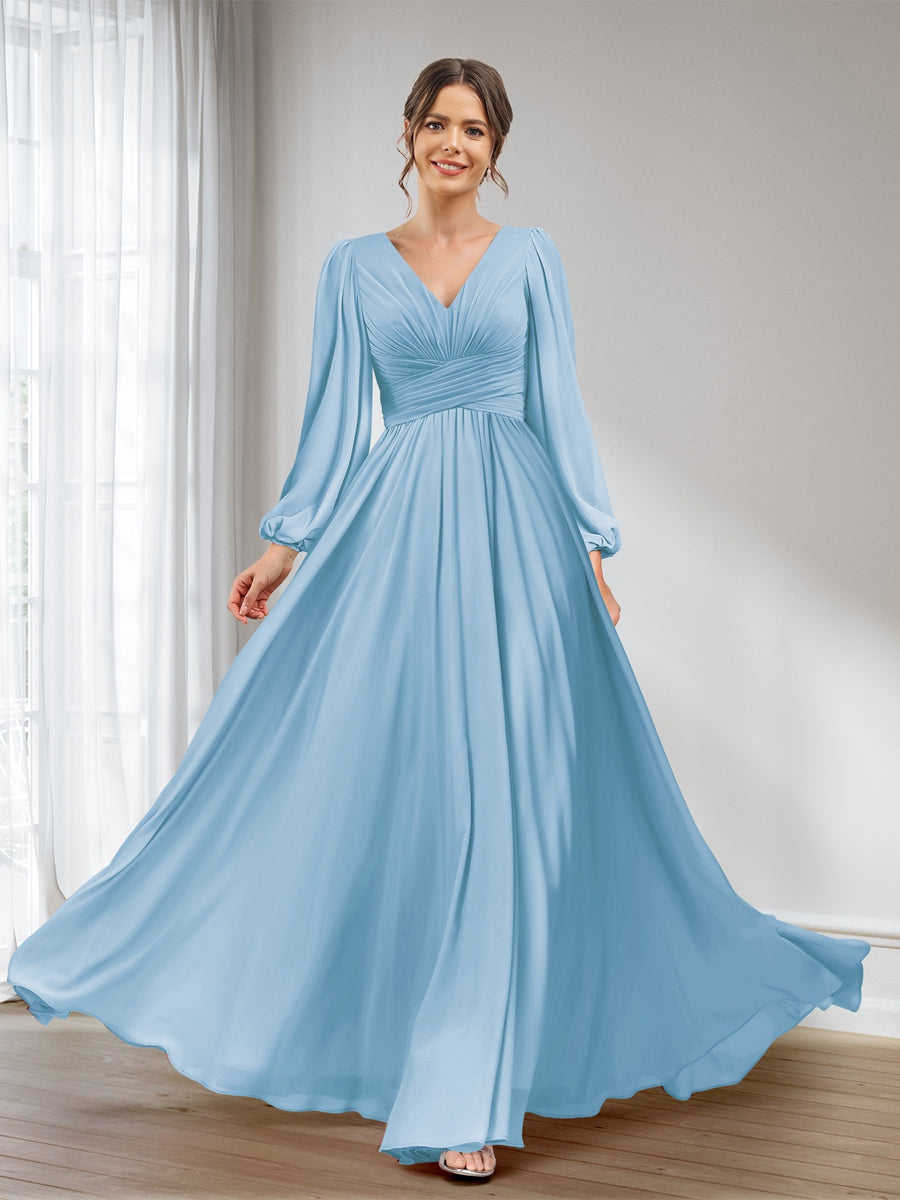A-Line/Princess V-Neck Long Sleeves Chiffon Long Bridesmaid Dresses With Pockets Sky Blue