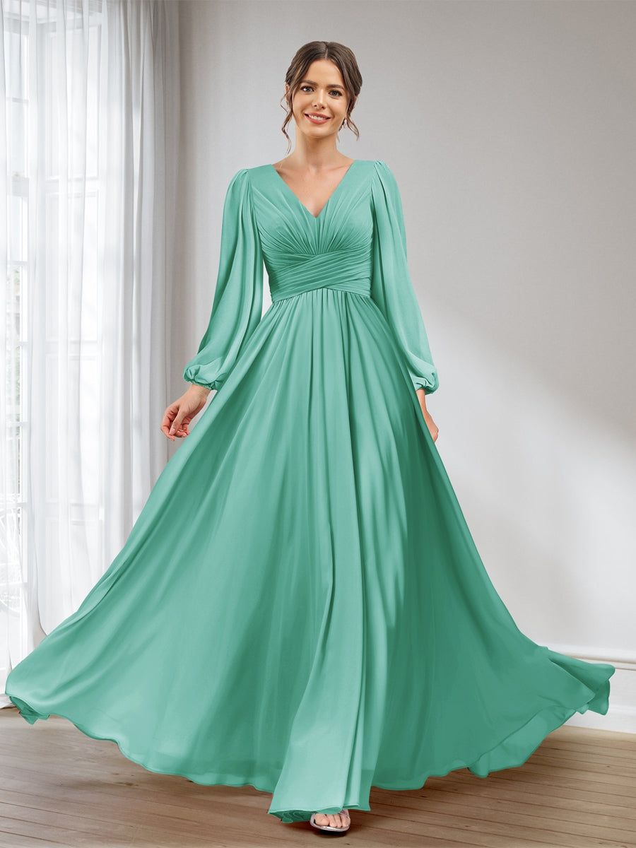 A-Line/Princess V-Neck Long Sleeves Chiffon Long Bridesmaid Dresses With Pockets Spa
