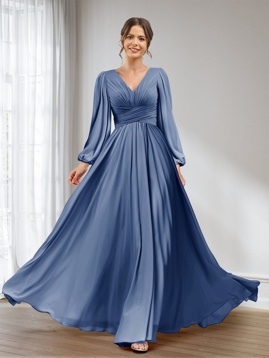 A-Line/Princess V-Neck Long Sleeves Chiffon Long Bridesmaid Dresses With Pockets Steel Blue