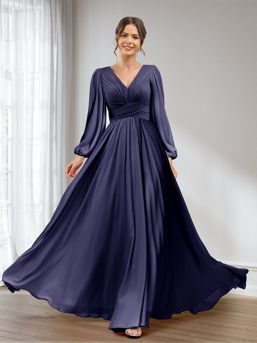 A-Line/Princess V-Neck Long Sleeves Chiffon Long Bridesmaid Dresses With Pockets Stormy Blue