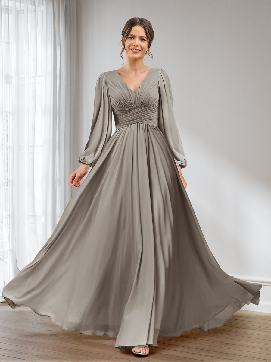 A-Line/Princess V-Neck Long Sleeves Chiffon Long Bridesmaid Dresses With Pockets Taupe