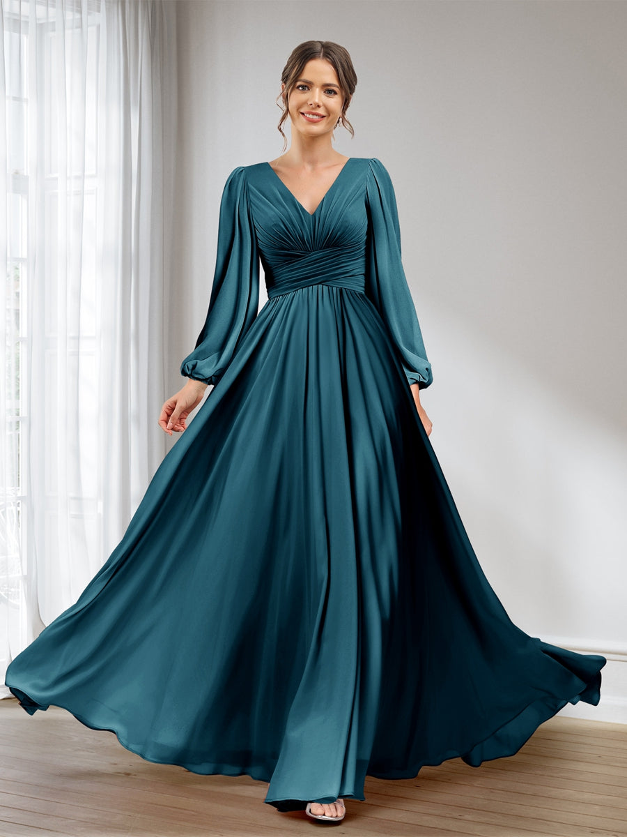 A-Line/Princess V-Neck Long Sleeves Chiffon Long Bridesmaid Dresses With Pockets Teal