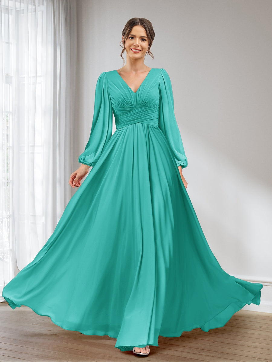 A-Line/Princess V-Neck Long Sleeves Chiffon Long Bridesmaid Dresses With Pockets Turquoise