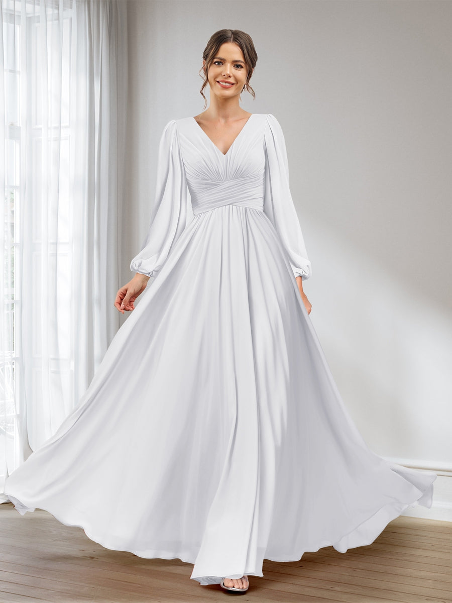 A-Line/Princess V-Neck Long Sleeves Chiffon Long Bridesmaid Dresses With Pockets White