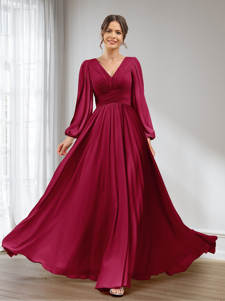 A-Line/Princess V-Neck Long Sleeves Chiffon Long Bridesmaid Dresses With Pockets Wine Red