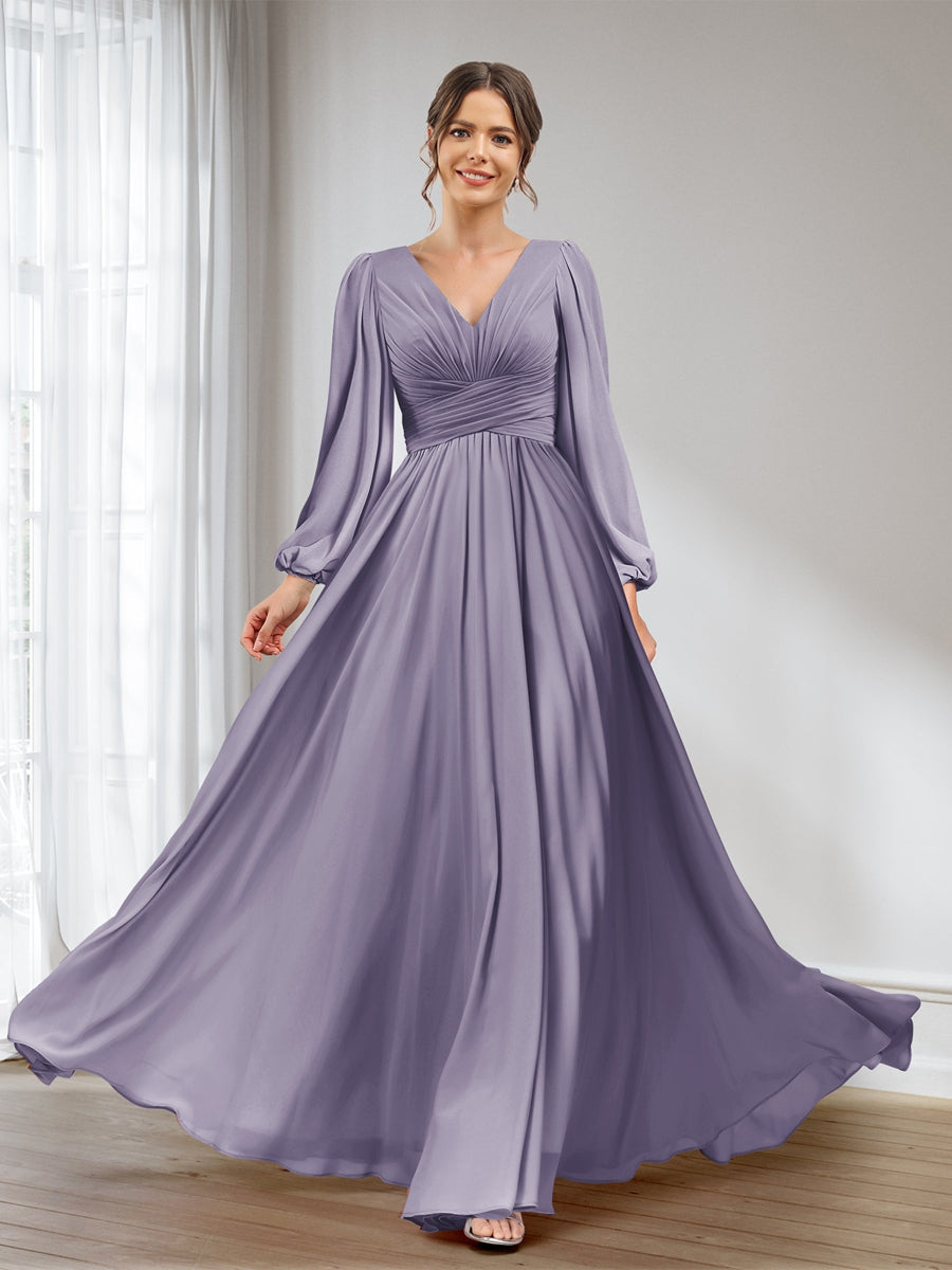 A-Line/Princess V-Neck Long Sleeves Chiffon Long Bridesmaid Dresses With Pockets Wisteria