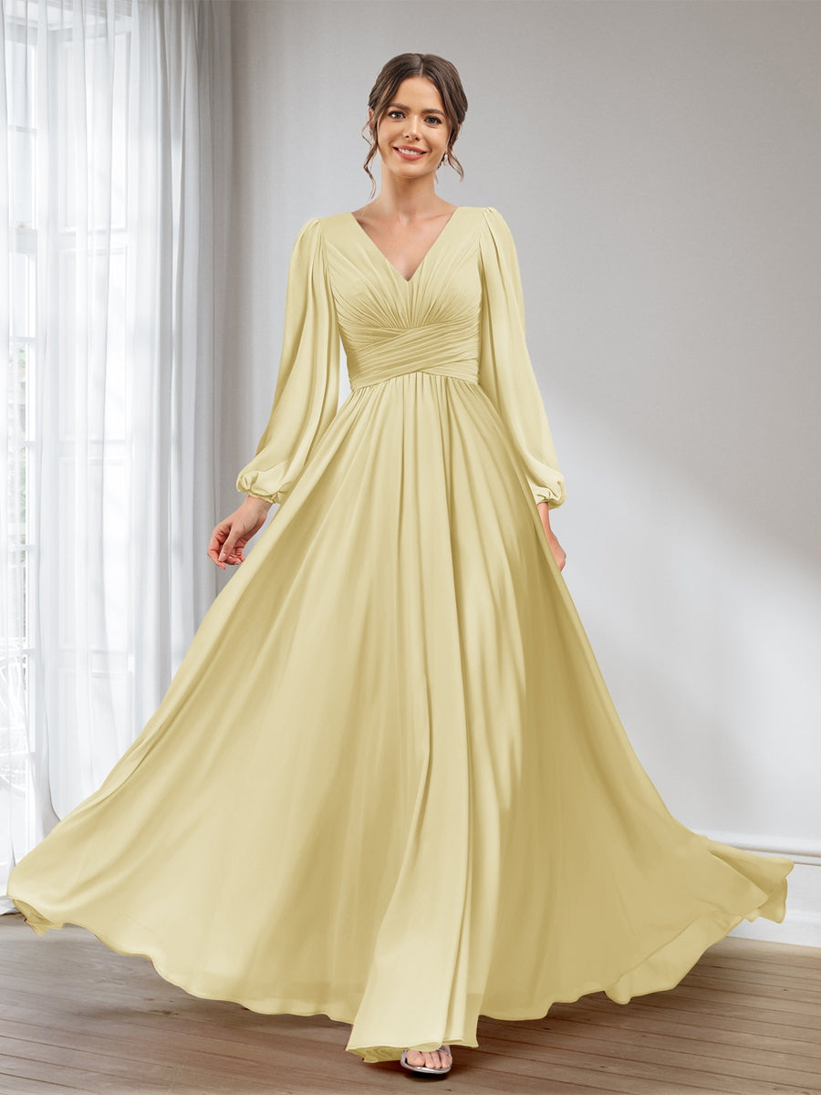 A-Line/Princess V-Neck Long Sleeves Chiffon Long Bridesmaid Dresses With Pockets Yellow