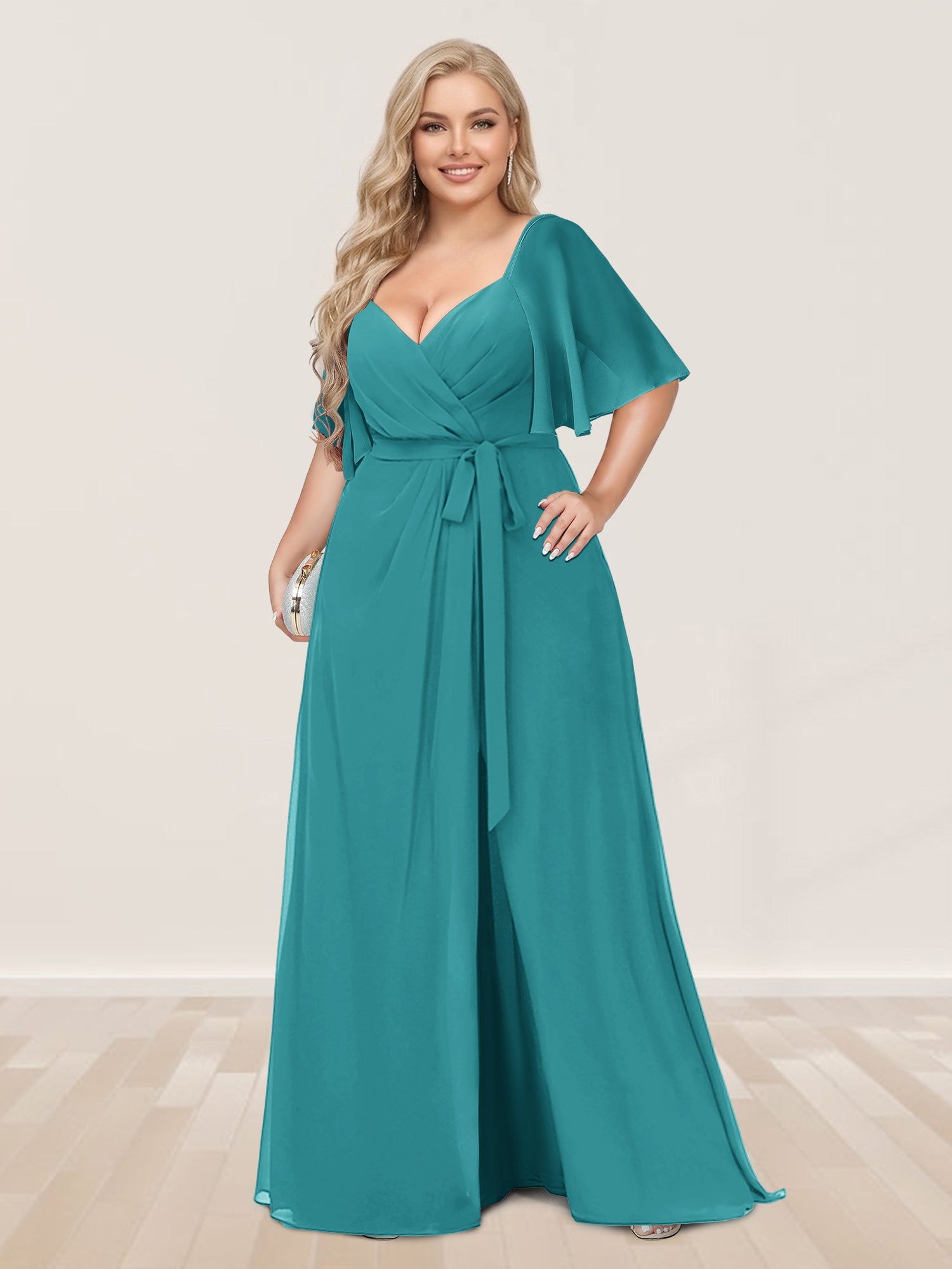 A-Line/Princess V-Neck Half Sleeves Plus Size Bridesmaid Dresses with Split Side Aqua Blue