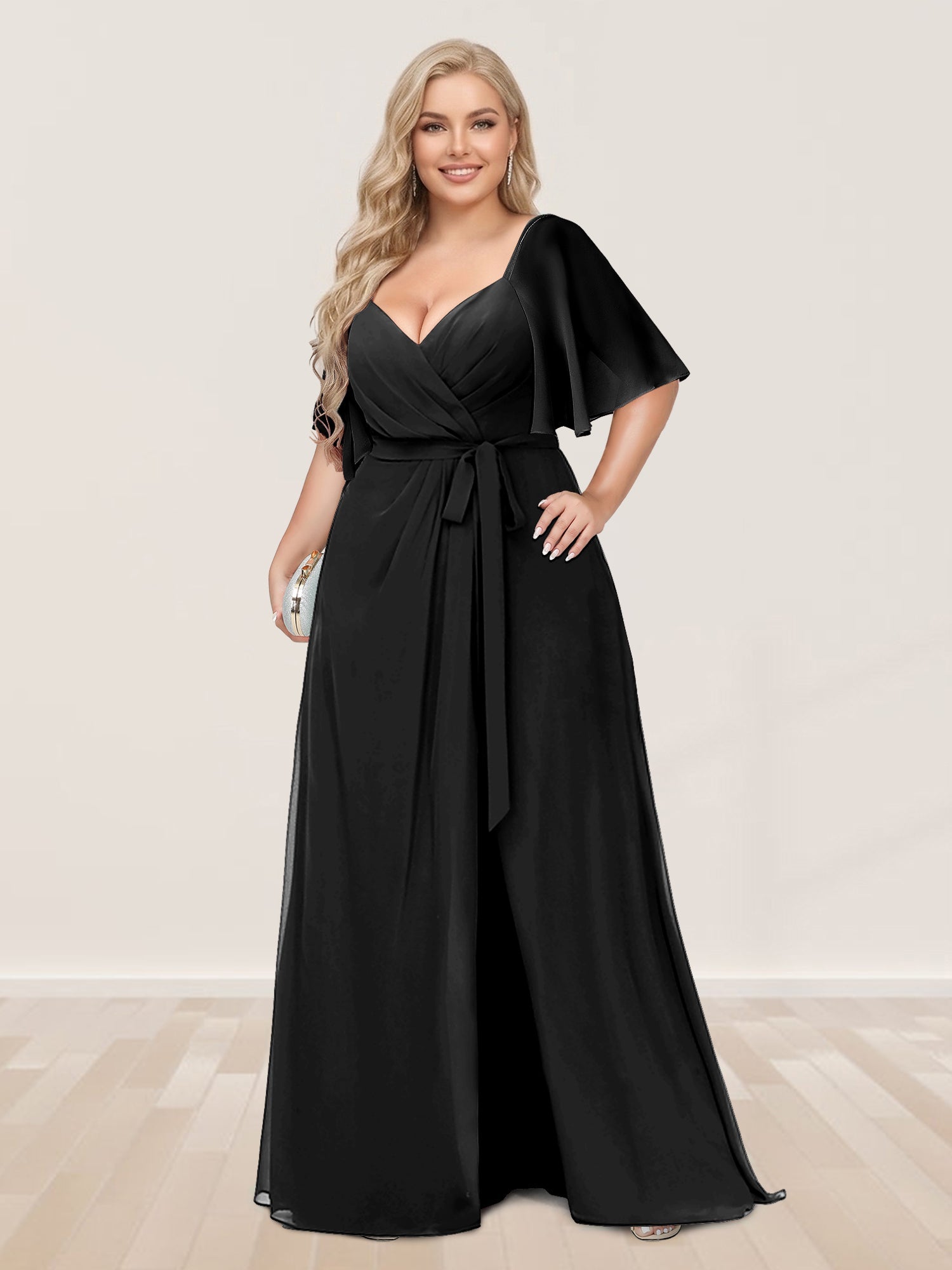 A-Line/Princess V-Neck Half Sleeves Plus Size Bridesmaid Dresses with Split Side Black