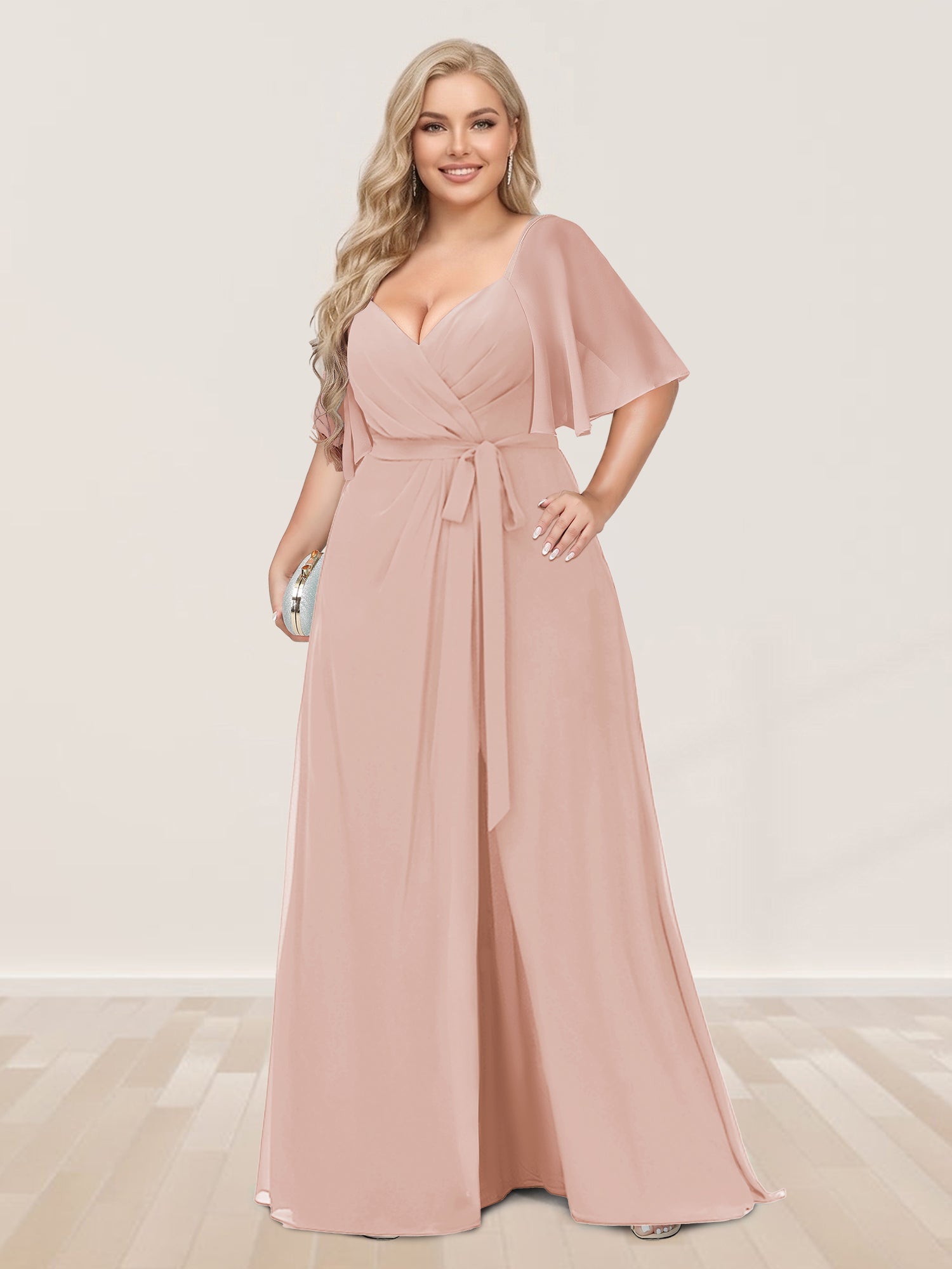 A-Line/Princess V-Neck Half Sleeves Plus Size Bridesmaid Dresses with Split Side Blush Pink
