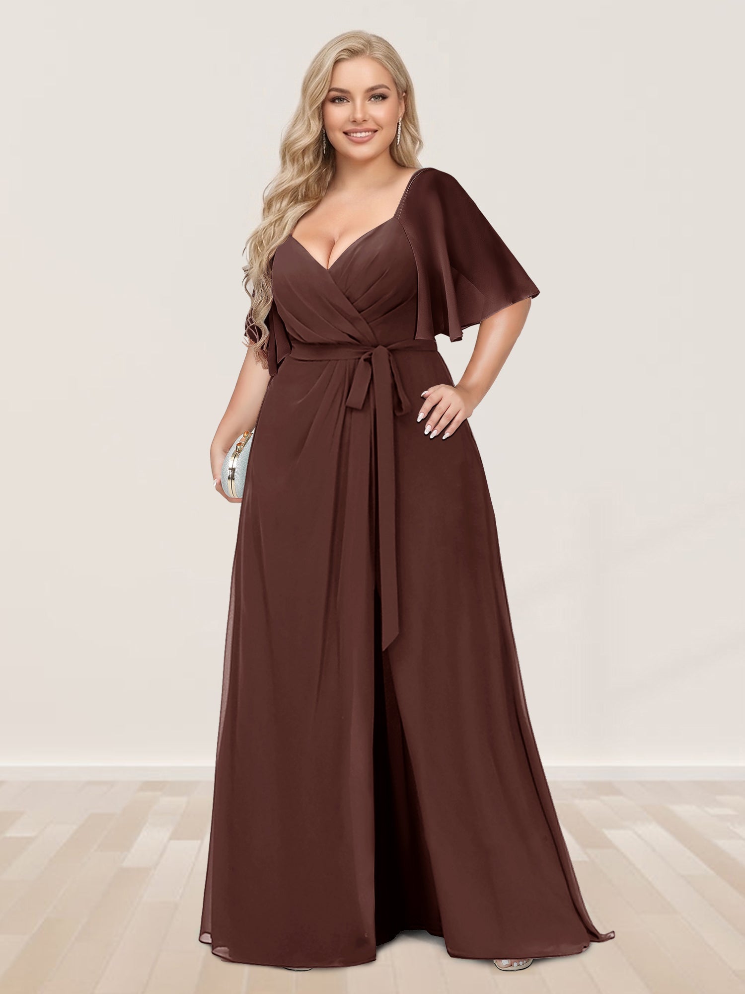 A-Line/Princess V-Neck Half Sleeves Plus Size Bridesmaid Dresses with Split Side Brown