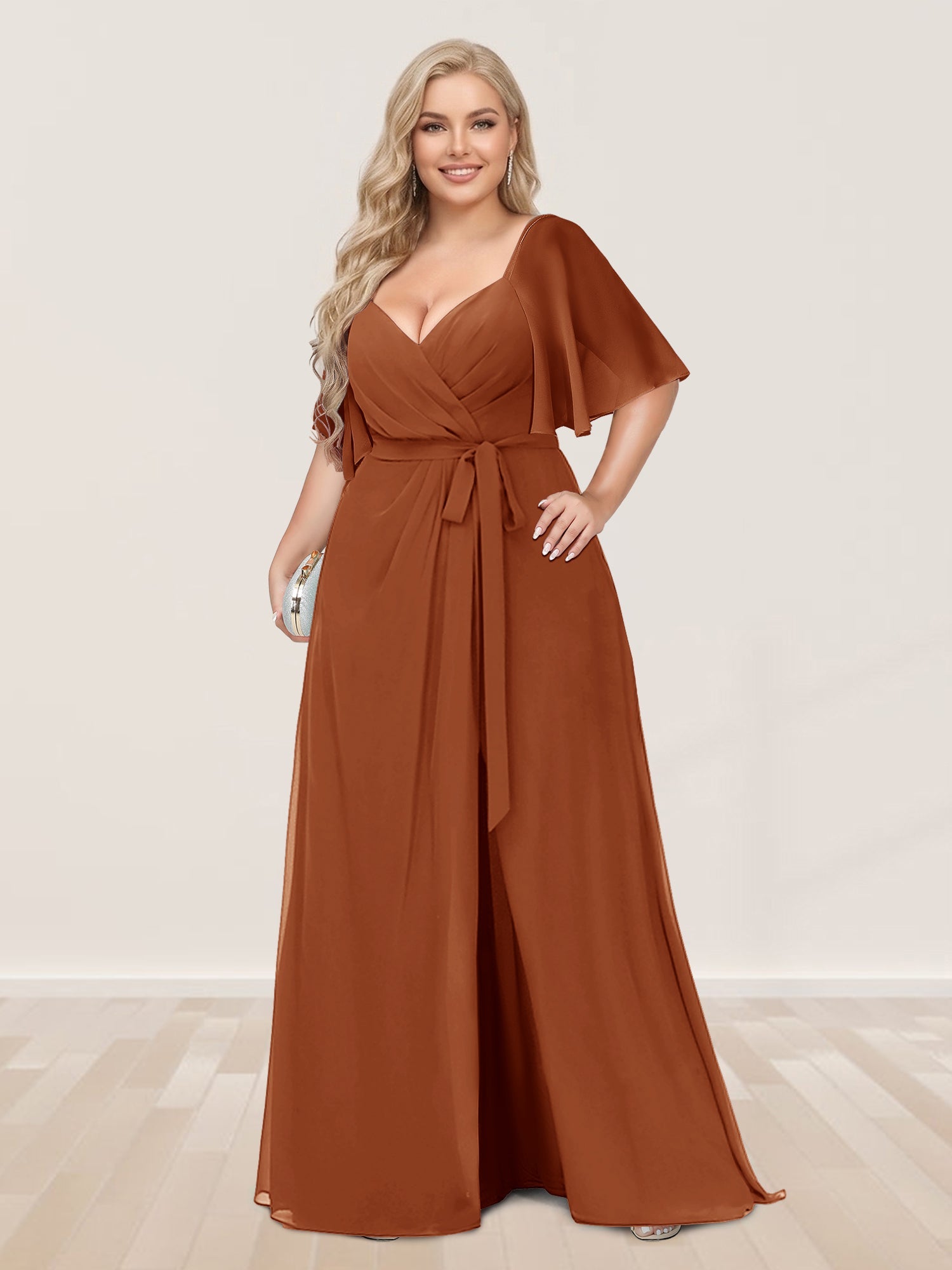 A-Line/Princess V-Neck Half Sleeves Plus Size Bridesmaid Dresses with Split Side Burnt Orange