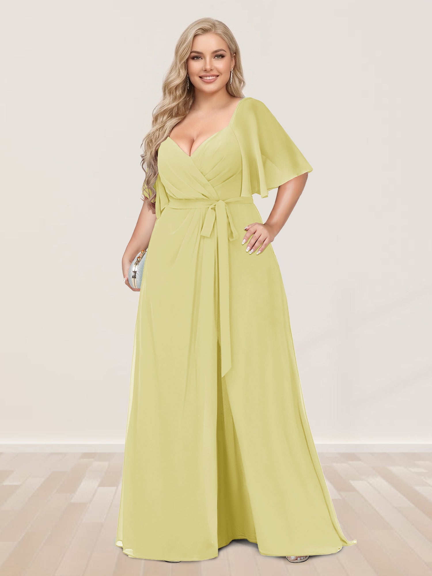 A-Line/Princess V-Neck Half Sleeves Plus Size Bridesmaid Dresses with Split Side Canary