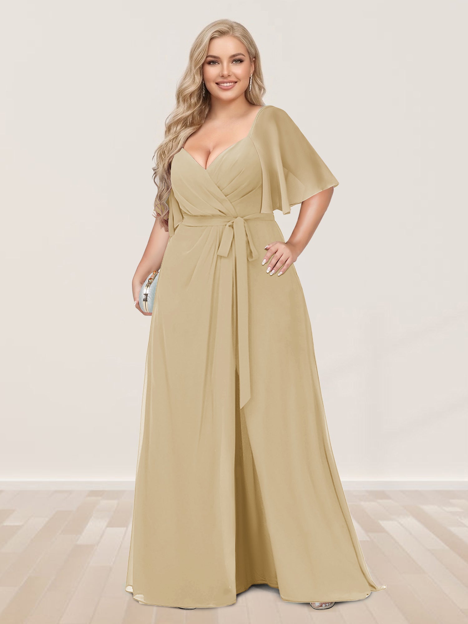 A-Line/Princess V-Neck Half Sleeves Plus Size Bridesmaid Dresses with Split Side Champagne