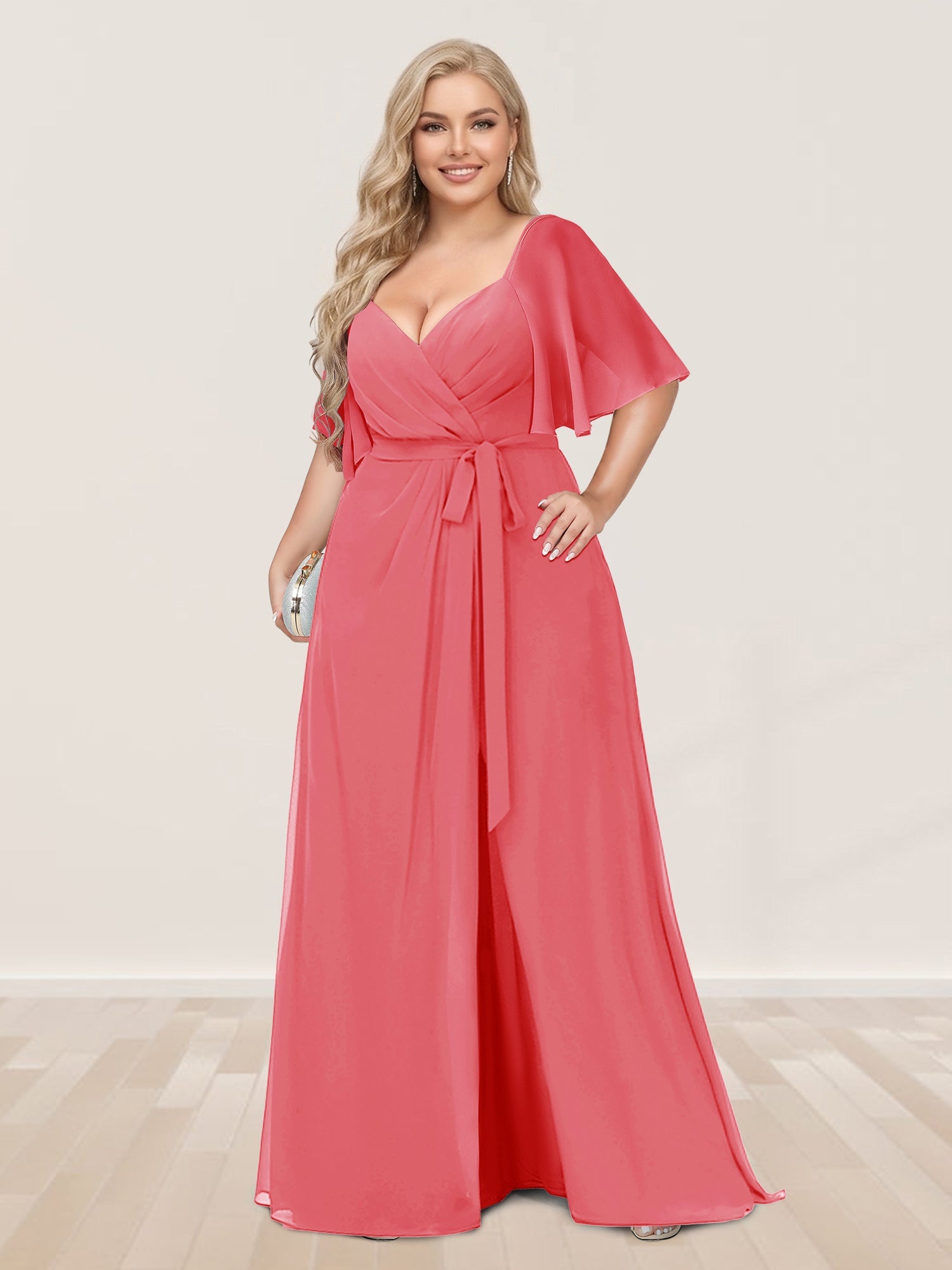 A-Line/Princess V-Neck Half Sleeves Plus Size Bridesmaid Dresses with Split Side Coral
