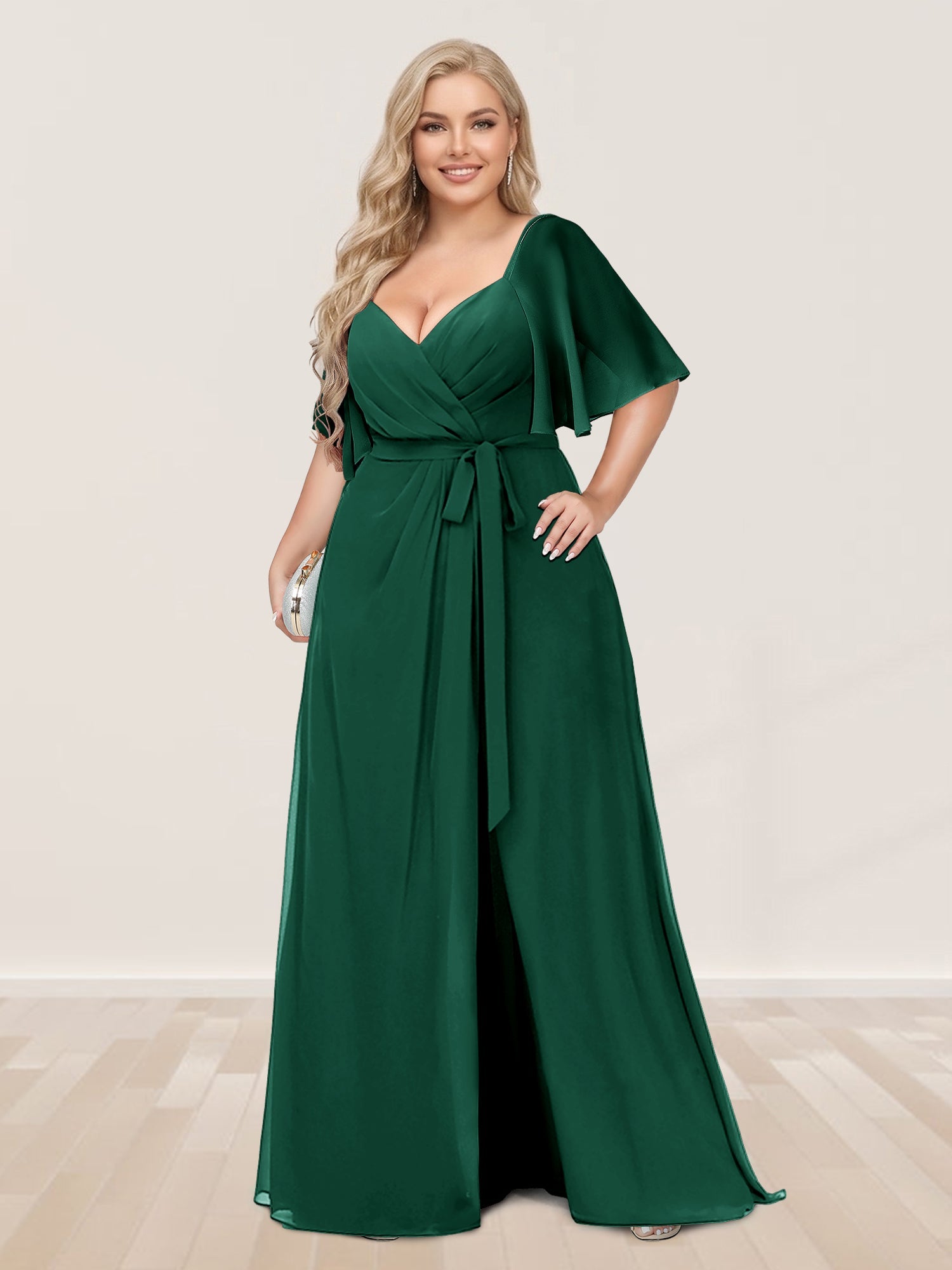 A-Line/Princess V-Neck Half Sleeves Plus Size Bridesmaid Dresses with Split Side Dark Green