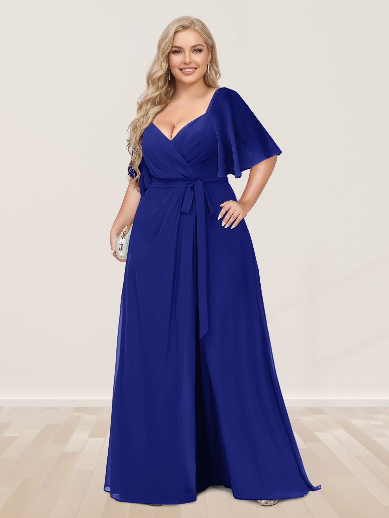 A-Line/Princess V-Neck Half Sleeves Plus Size Bridesmaid Dresses with Split Side Dark Royal Blue