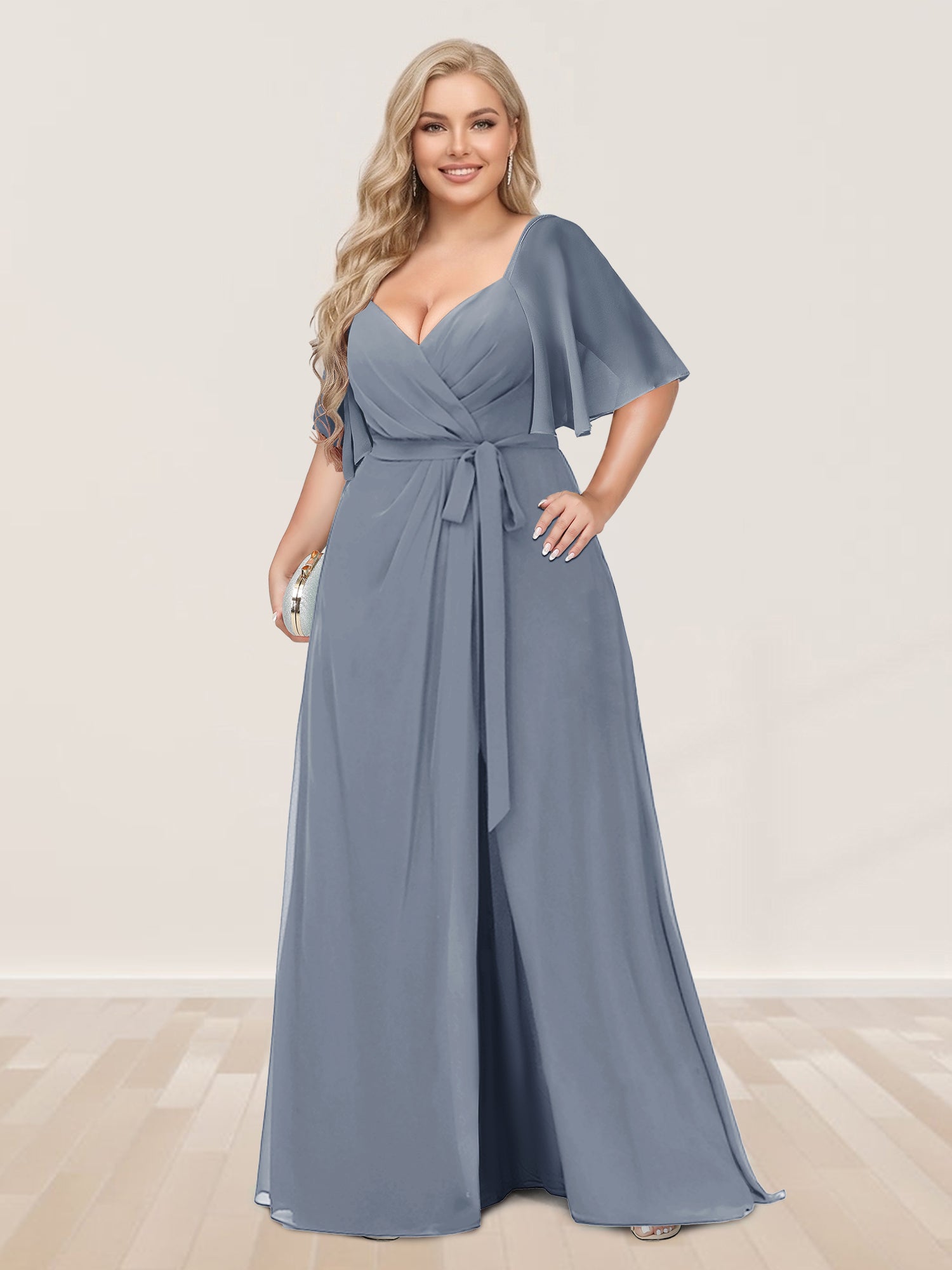 A-Line/Princess V-Neck Half Sleeves Plus Size Bridesmaid Dresses with Split Side Dusty Blue