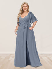 A-Line/Princess V-Neck Half Sleeves Plus Size Bridesmaid Dresses with Split Side Dusty Blue