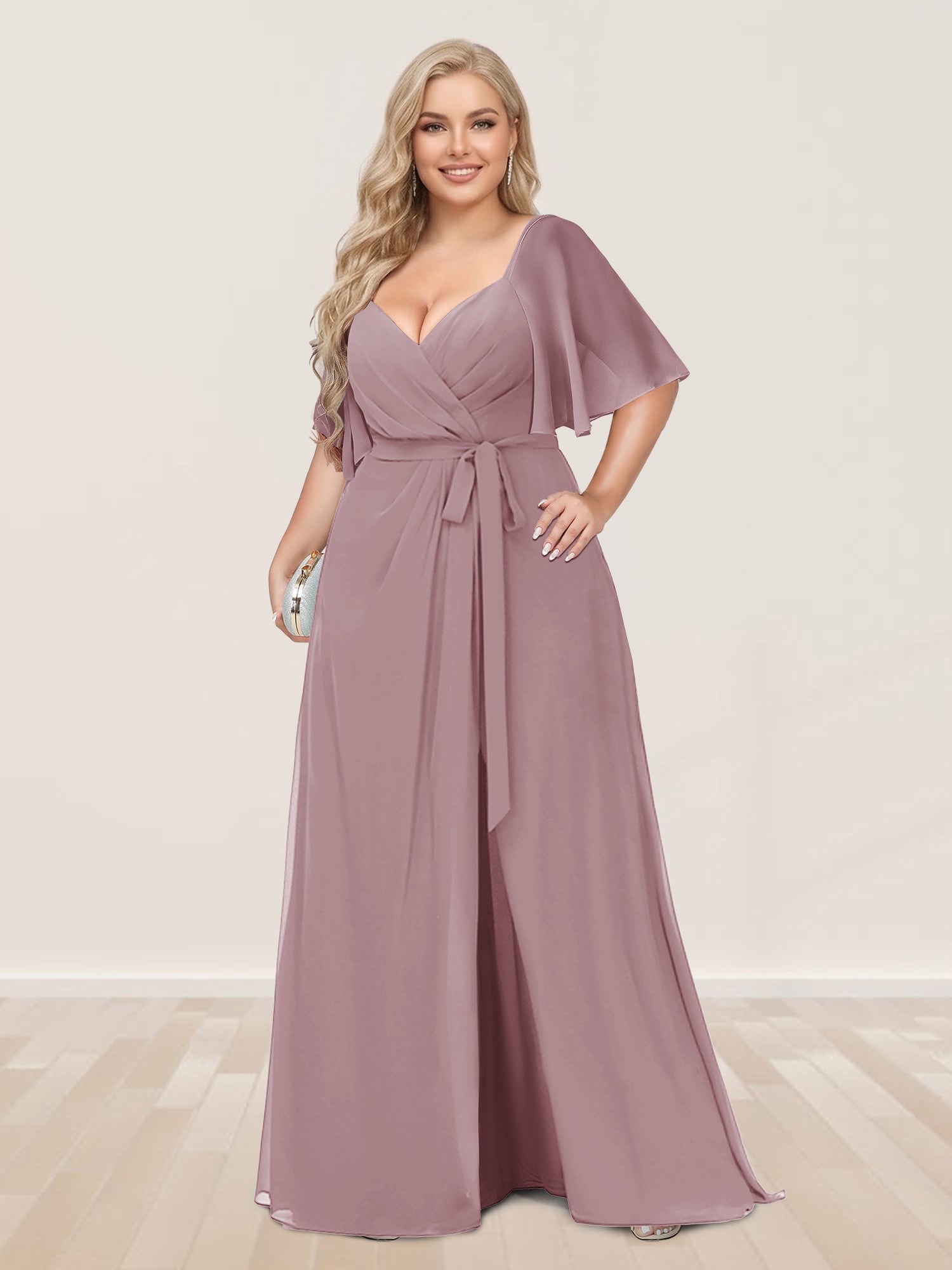 A-Line/Princess V-Neck Half Sleeves Plus Size Bridesmaid Dresses with Split Side Dusty Pink